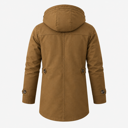 Trench long kaki pour homme, vue de dos montrant la capuche et les coutures