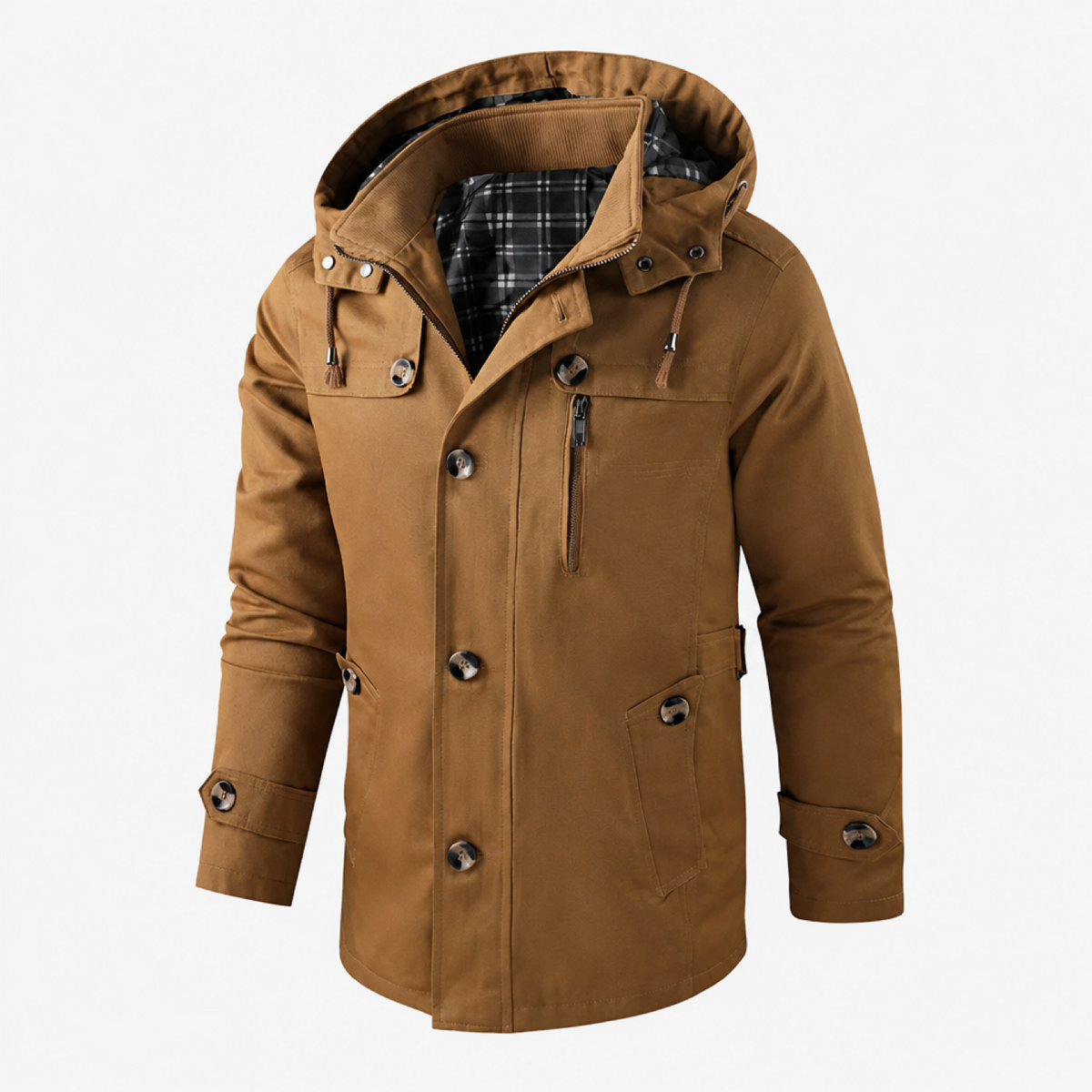 Trench long à capuche amovible kaki pour homme, vue de face sur fond studio neutre