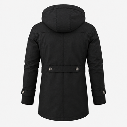 Trench long noir pour homme, vue de dos montrant la capuche et les coutures