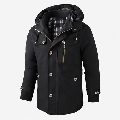 Trench long à capuche amovible noir pour homme, vue de face sur fond studio neutre