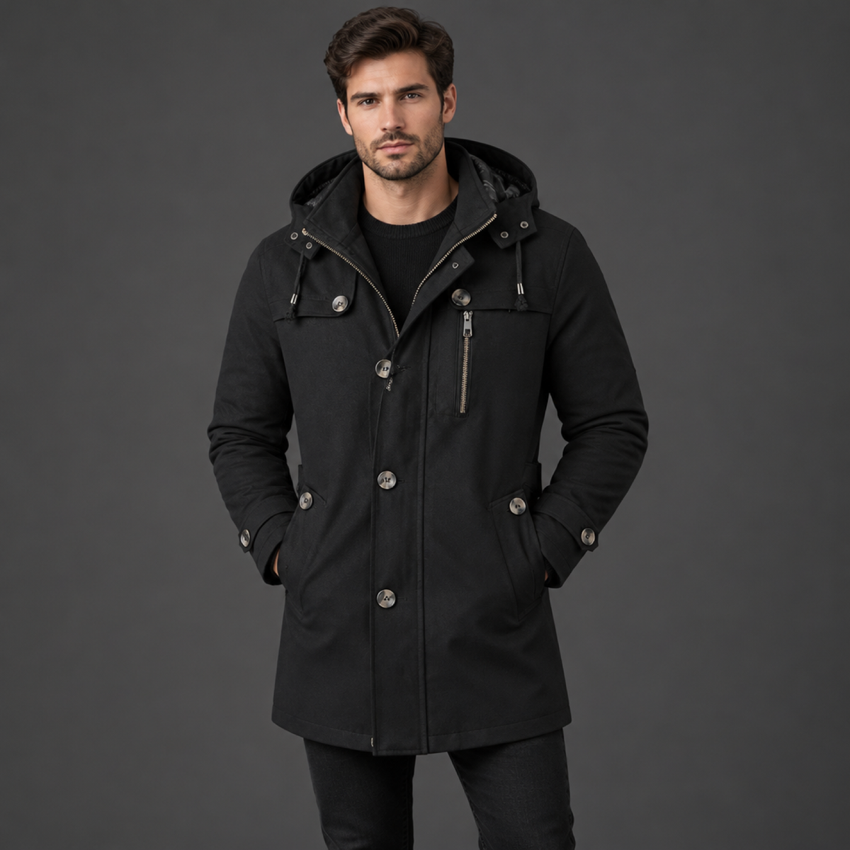 Homme portant le trench long noir à capuche amovible, coupe casual