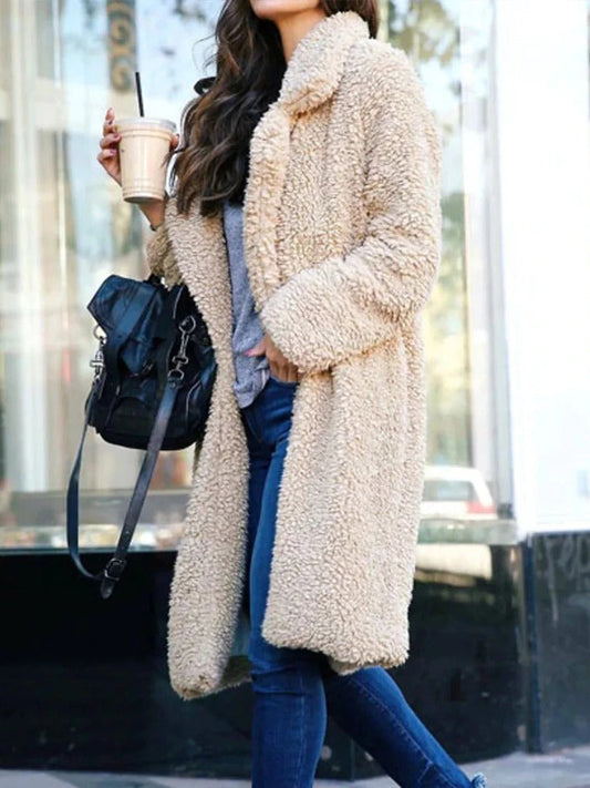 Manteau long teddy femme abricot, vue de face