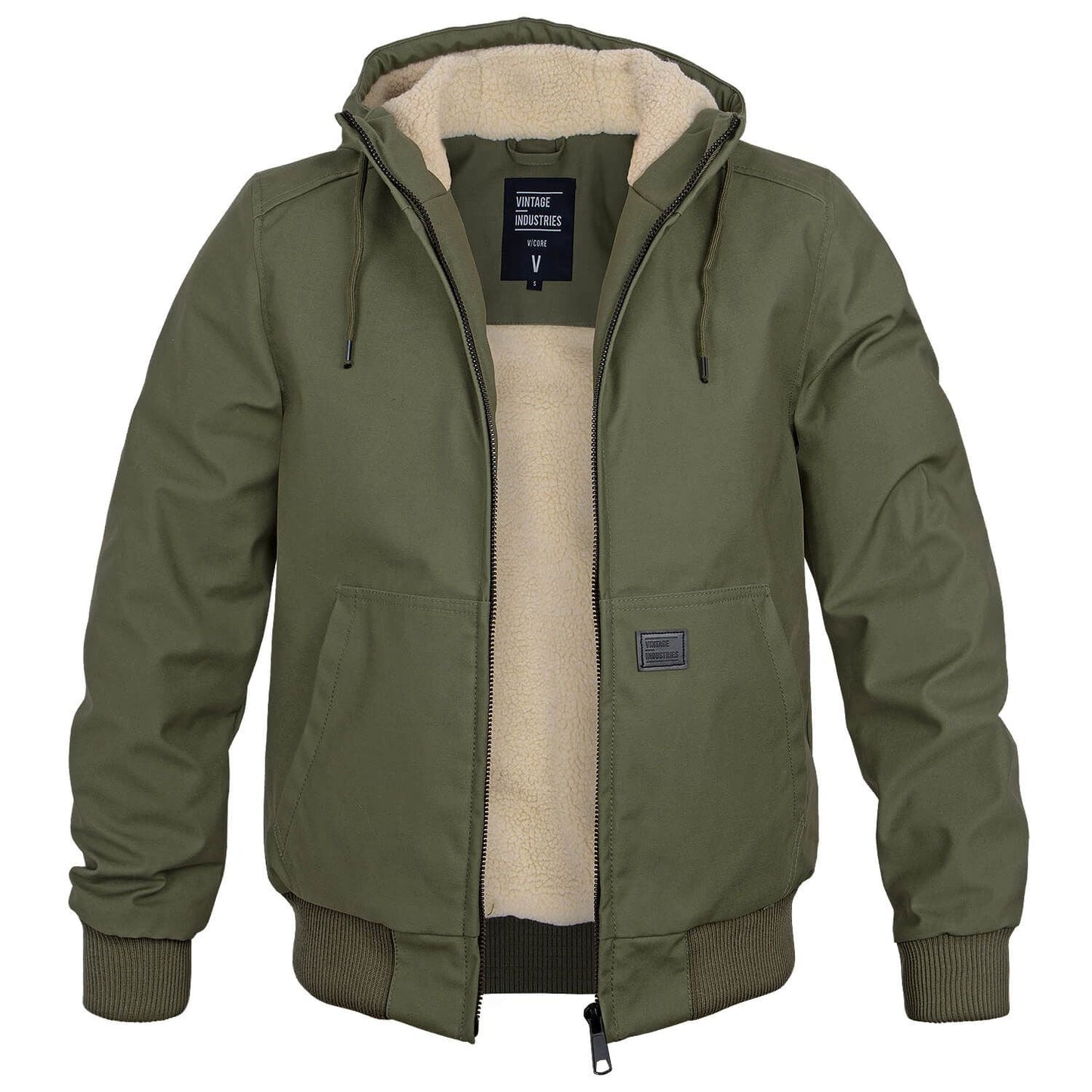 Veste bomber homme à capuche doublée sherpa, coloris vert armée