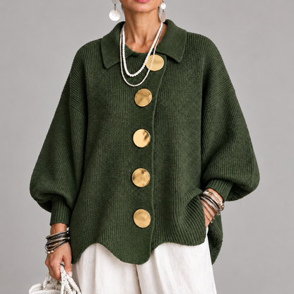 Cardigan oversized femme en maille, coloris vert, col boutonné doré