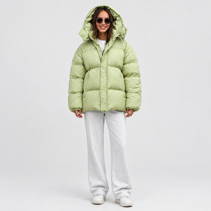 Veste matelassée imprimée vert, capuche et col monté, vue de face