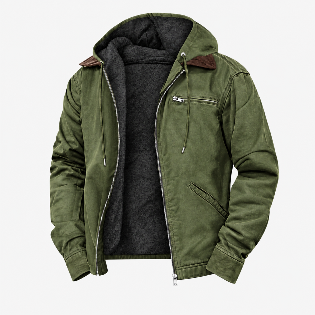 Veste imperméable à capuche verte doublée polaire, vue studio