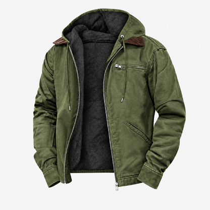 Veste imperméable à capuche verte doublée polaire, vue studio