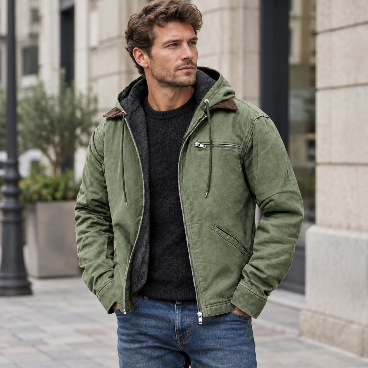 Veste imperméable à capuche vert clair portée en extérieur