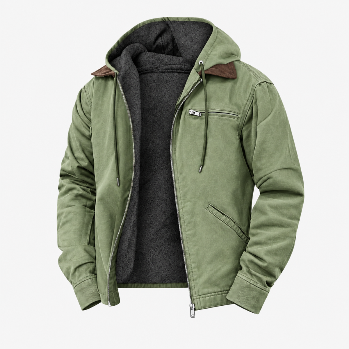 Veste imperméable à capuche vert clair doublée polaire, vue studio