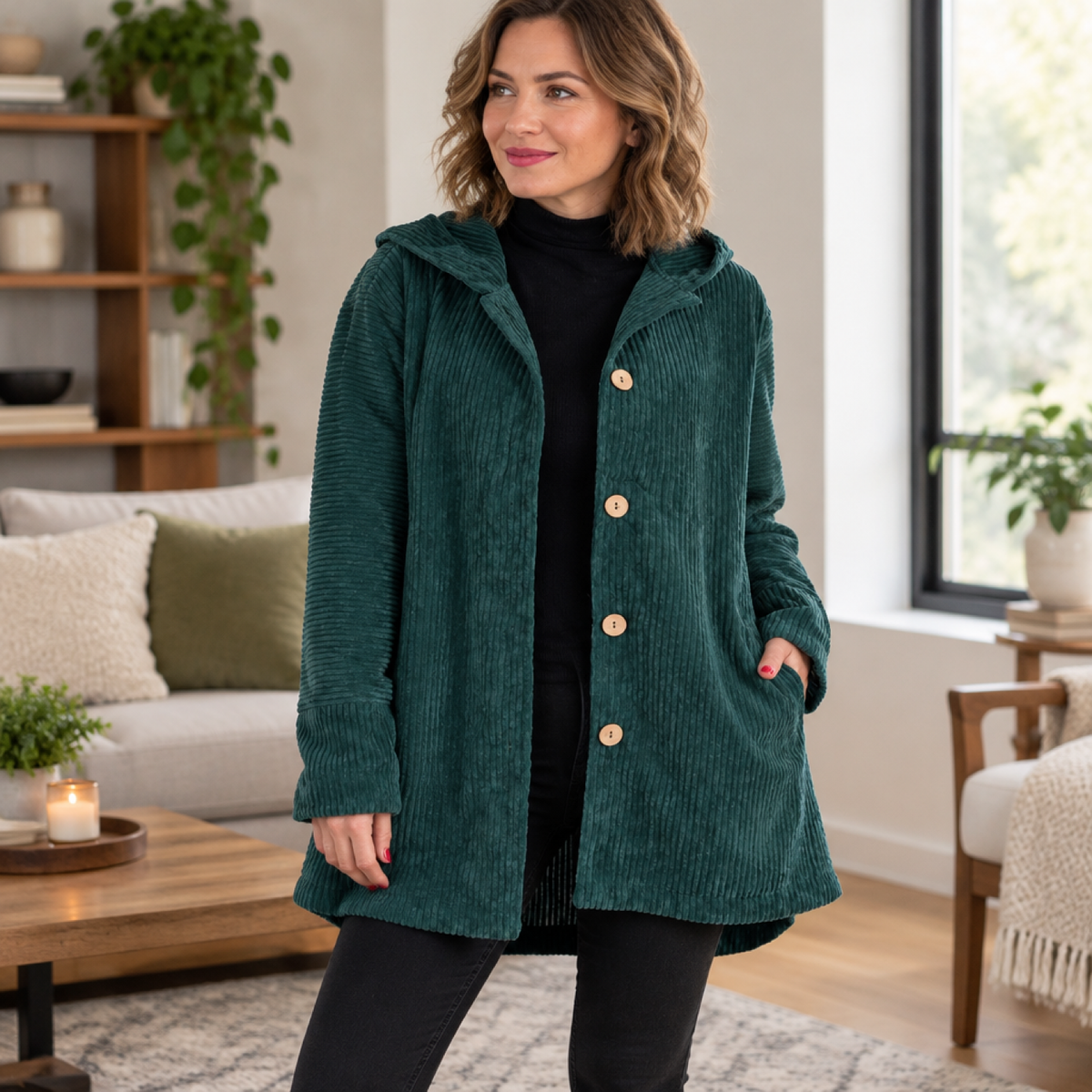 manteau femme vert foncé, porté par une mannequin en intérieur
