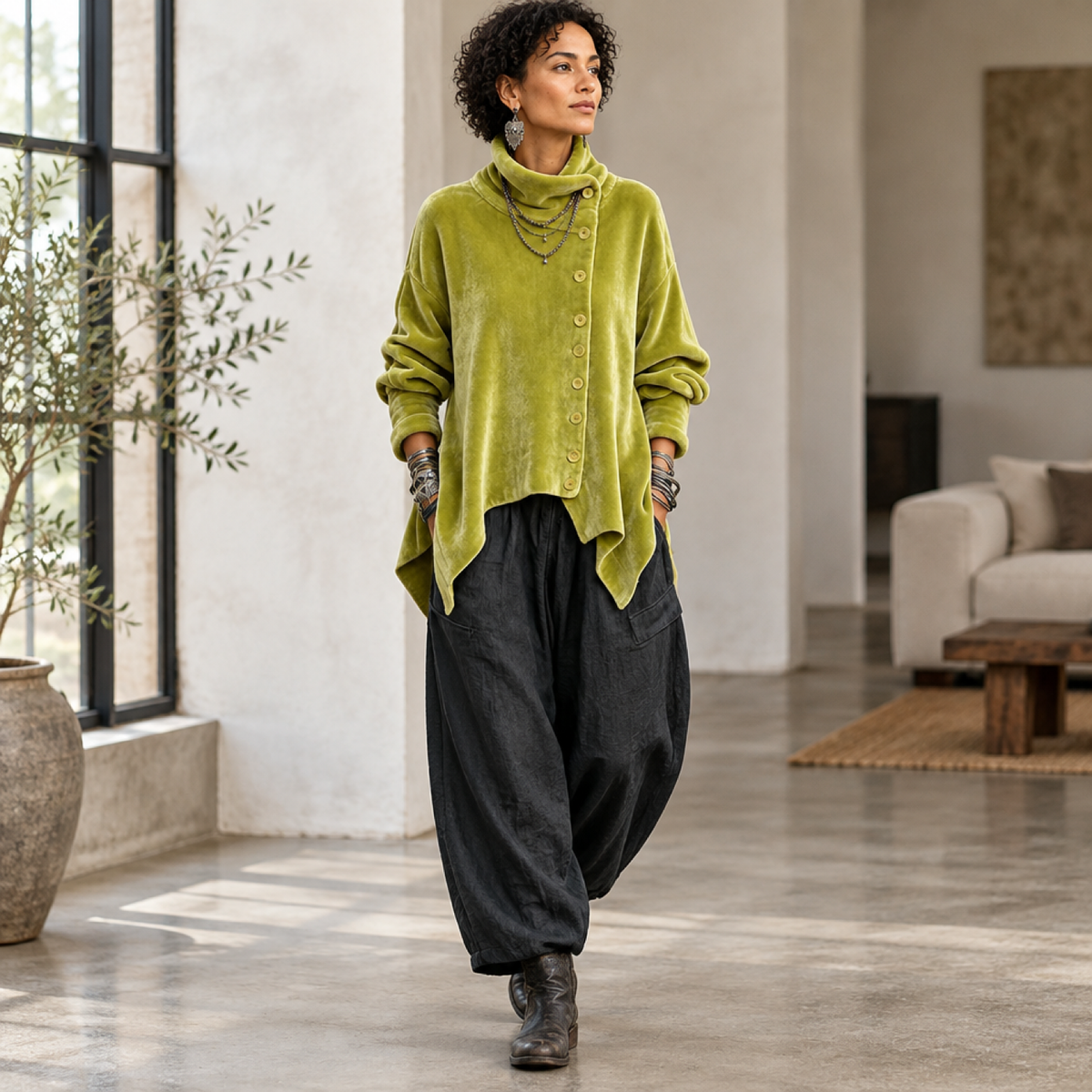 Veste femme velours vert anis portée par un modèle, look streetwear casual