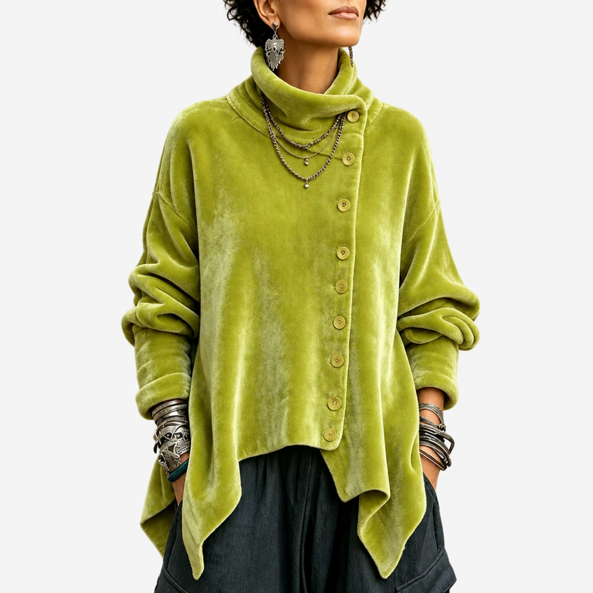Veste femme en velours vert anis, col haut asymétrique, vue studio de face