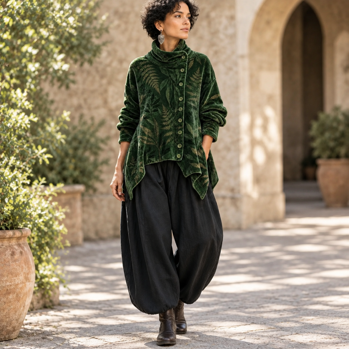 Veste femme velours vert forêt imprimé feuillage portée par un modèle en extérieur