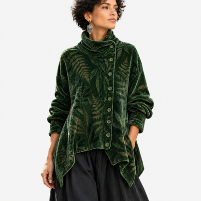 Veste femme en velours vert forêt imprimé feuillage, col haut asymétrique, vue studio de face