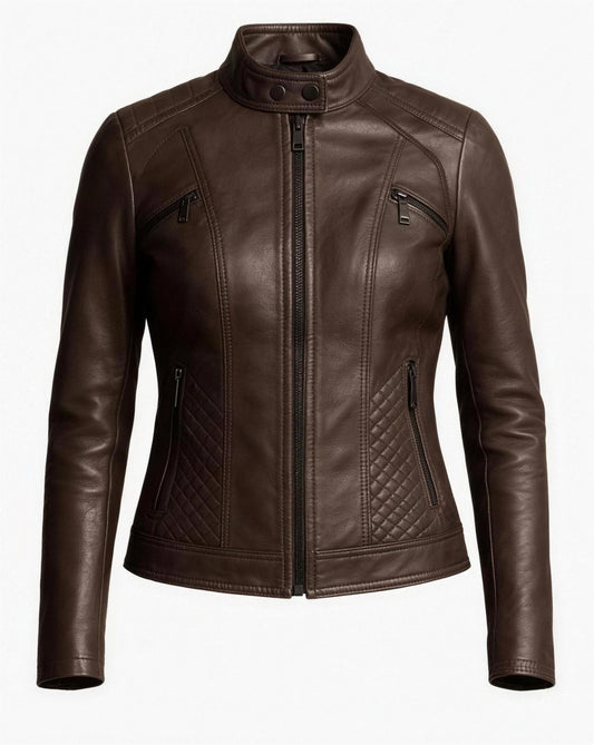 Veste Femme Cuir – Style Motard Élégant & Moderne, coloris Café