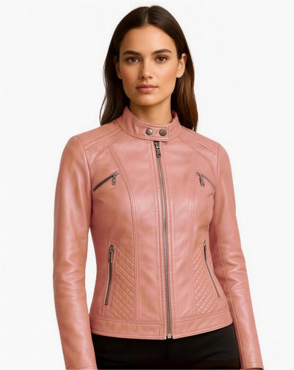 Veste Cuir Véritable Femme Cintrée - Rose
