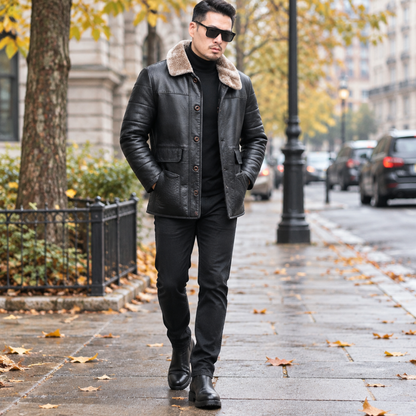 Veste homme simili cuir matelassée portée en extérieur