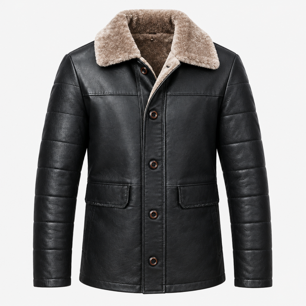 Veste homme simili cuir matelassée col fausse fourrure, vue studio