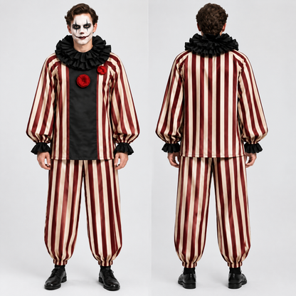 Déguisement de clown vintage rayé pour adulte, vue avant et de côté, chemise à col et manchettes noires avec pantalon bordeaux et beige