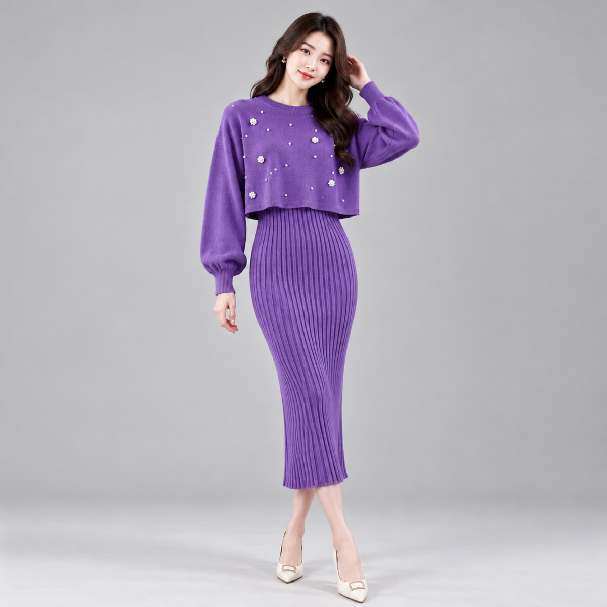 Ensemble robe pull tricot perlé violet et jupe mi-longue côtelée assortie