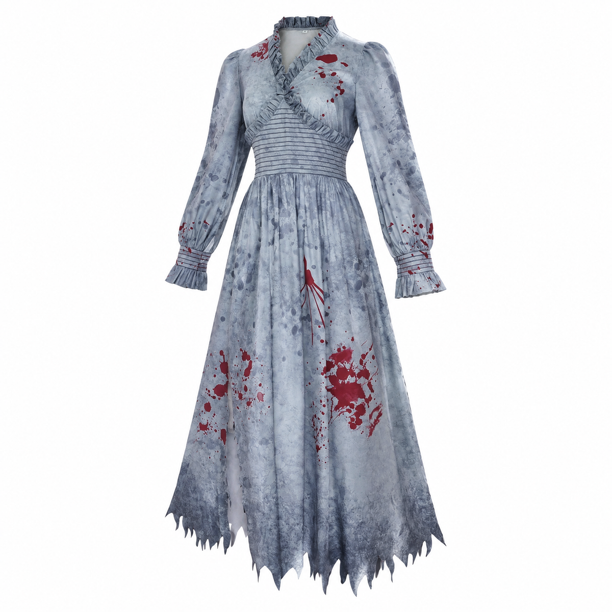 Robe de mariée zombie sur mannequin fantôme, vue de trois-quarts avec taches de sang et ourlet pointu déchiré